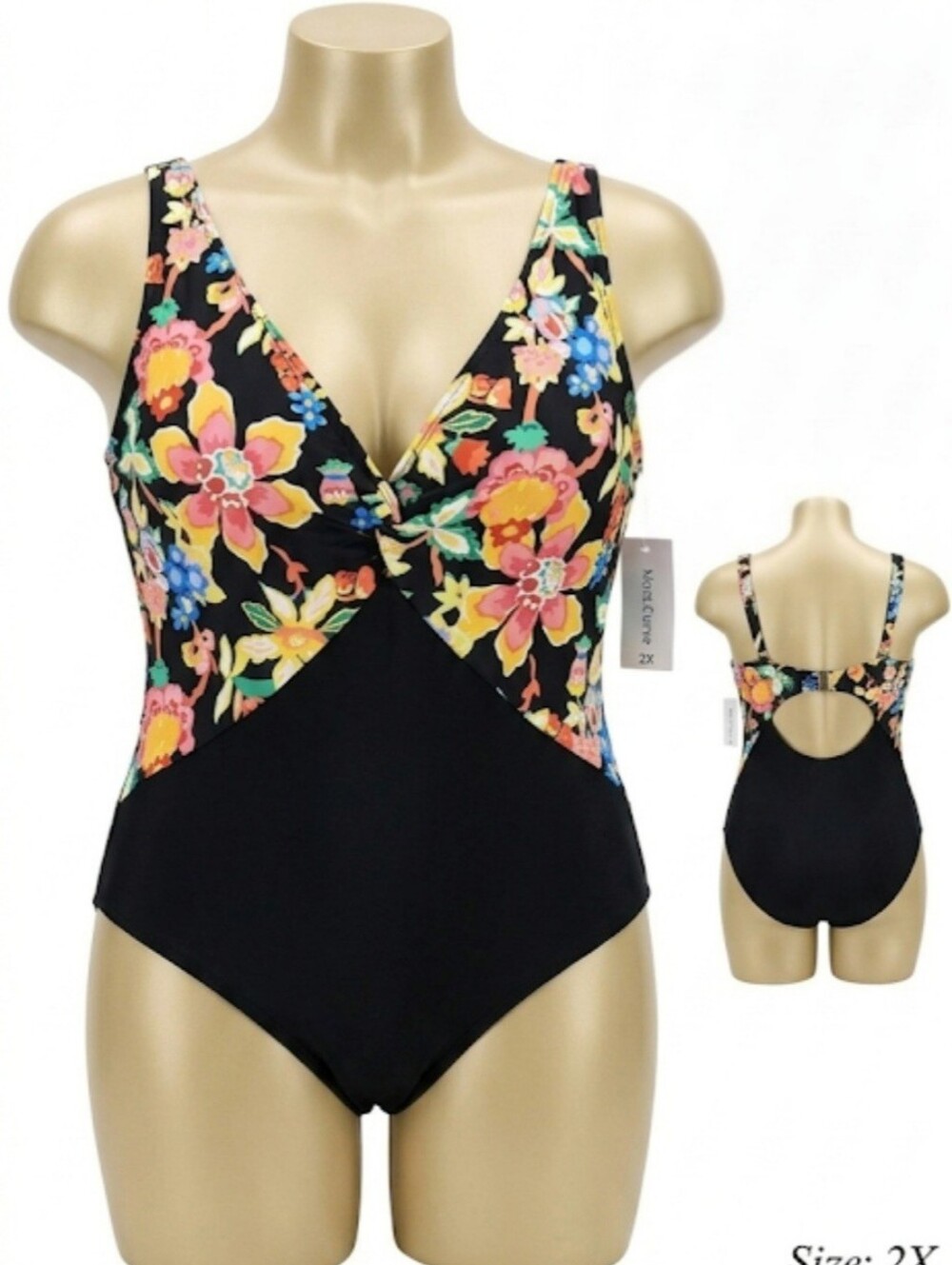 Floral Panel Black One-Piece Swimsuit Size 2X (Womens)